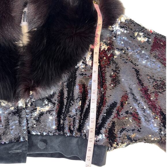 Friends With Money Black Sliver Sequin Fur Trimmed Suede Leather Cropped Jacket - Picture 8 of 11